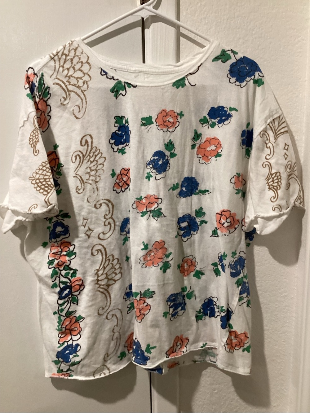 Floral Print White Women’s Top with Coral & Blue Flowers